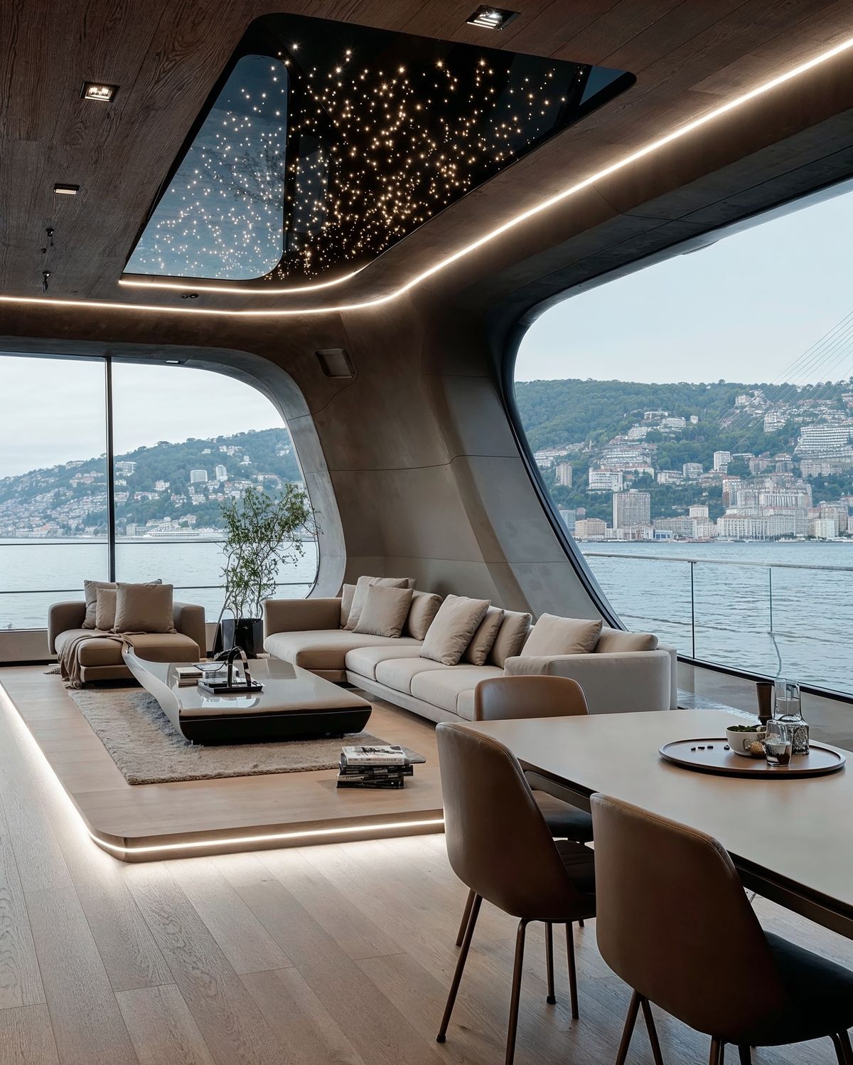 Superyacht salon interior with sculptural curved walls, starry fibre-optic ceiling and coastal city views