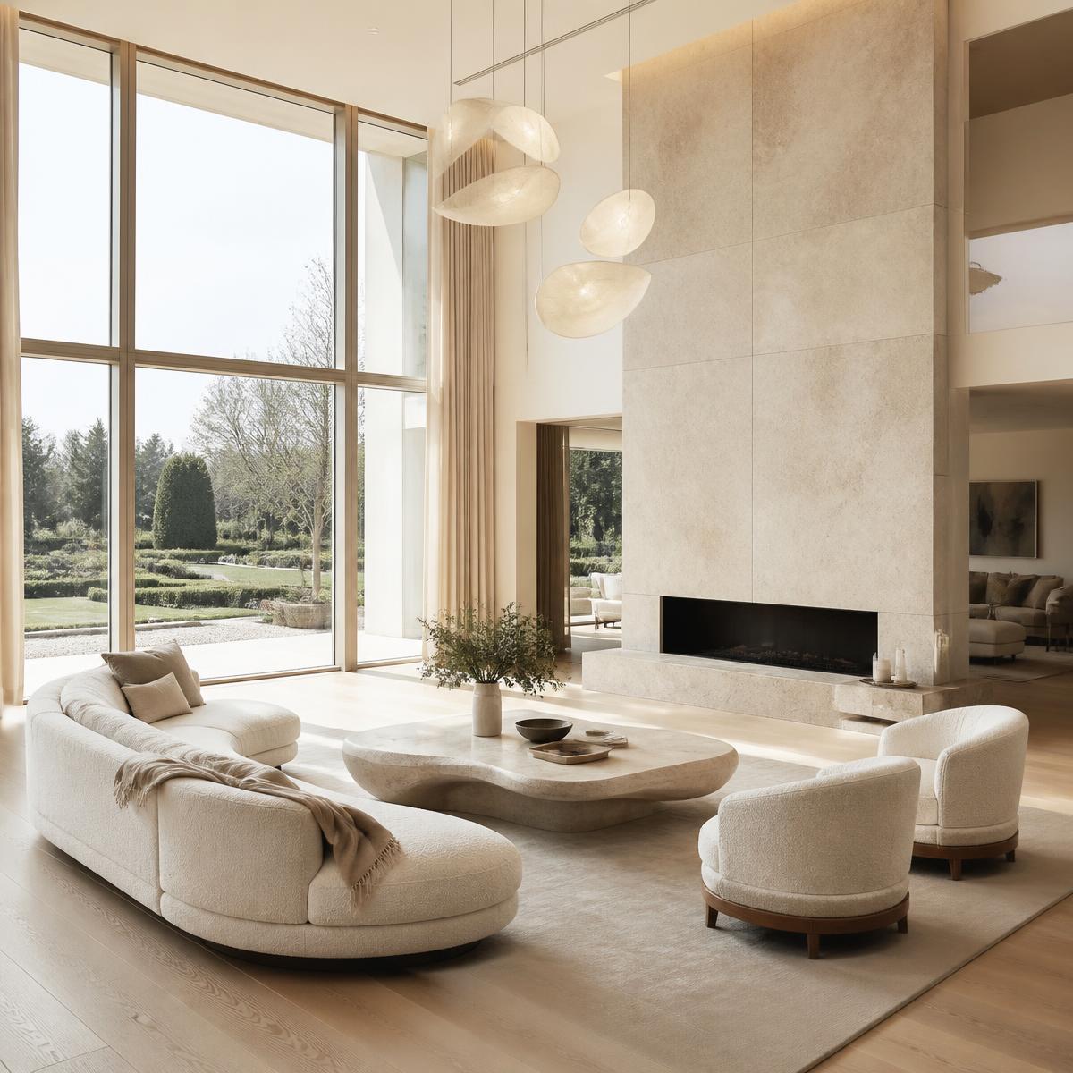 Bright luxury living room with floor-to-ceiling windows and concealed technology